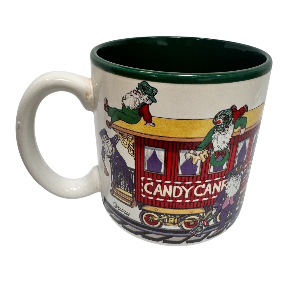 1993 Potpourri Designs Christmas Train Santa Claus Coffee Mug Green Rim Vintage